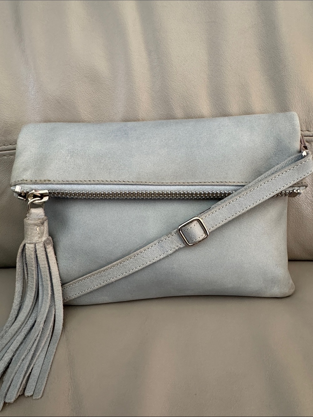 Roots Light Blue Leather Crossbody Bag with Tassel